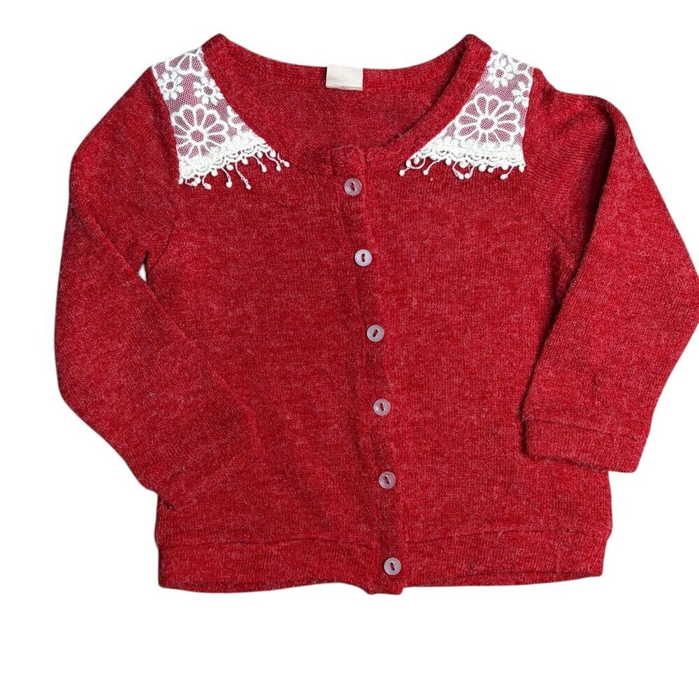 Petit Main Japanese Boutique Red Knit Lace Trim Cardigan - Size 100 (4T)